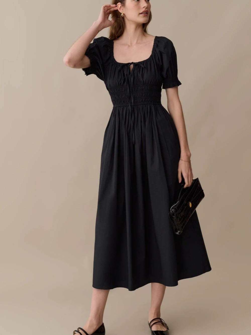 Few Moda Atelier Sorella Smocked Waist Black Midi Dress with Puff Sleeves